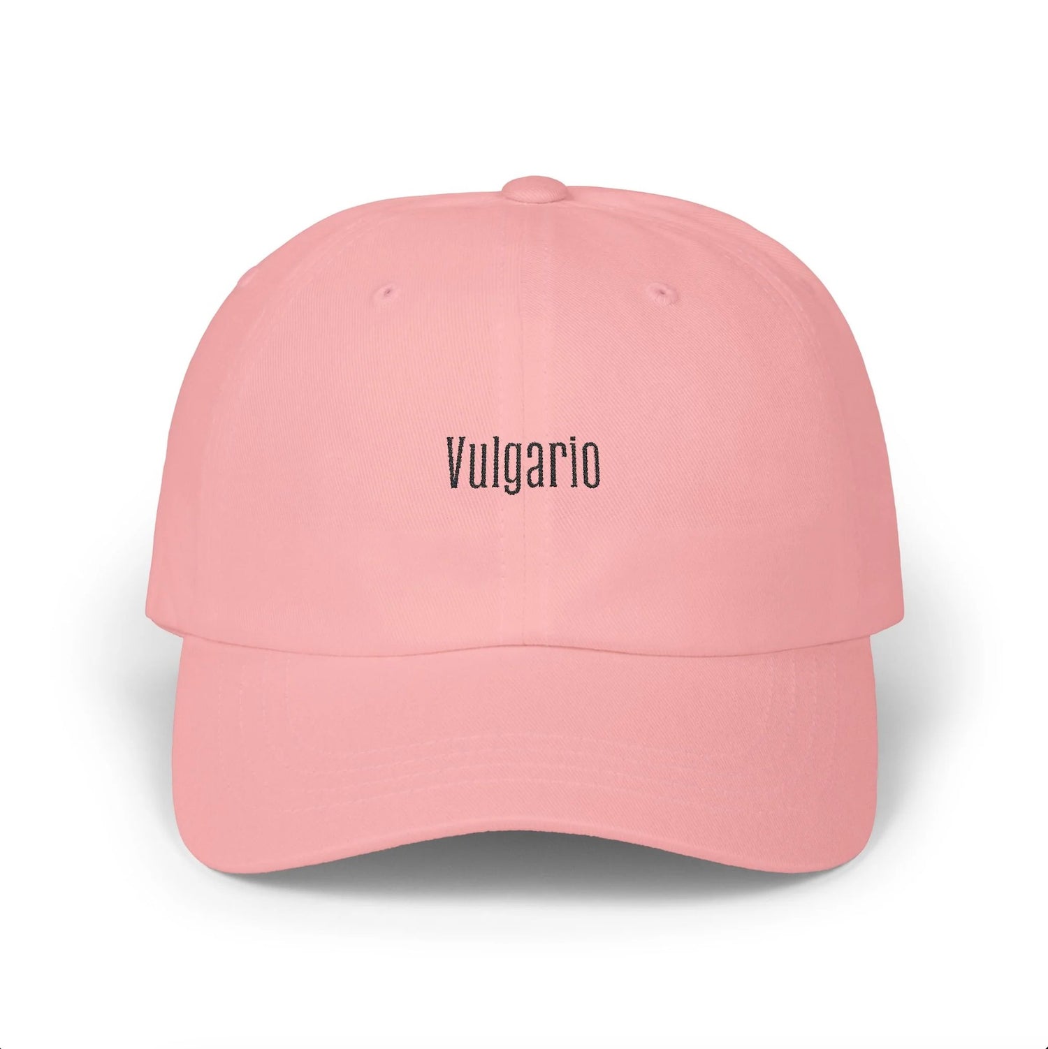 Embridered cap available in Salmon pink, sky blue and white with a black Vulgario logo